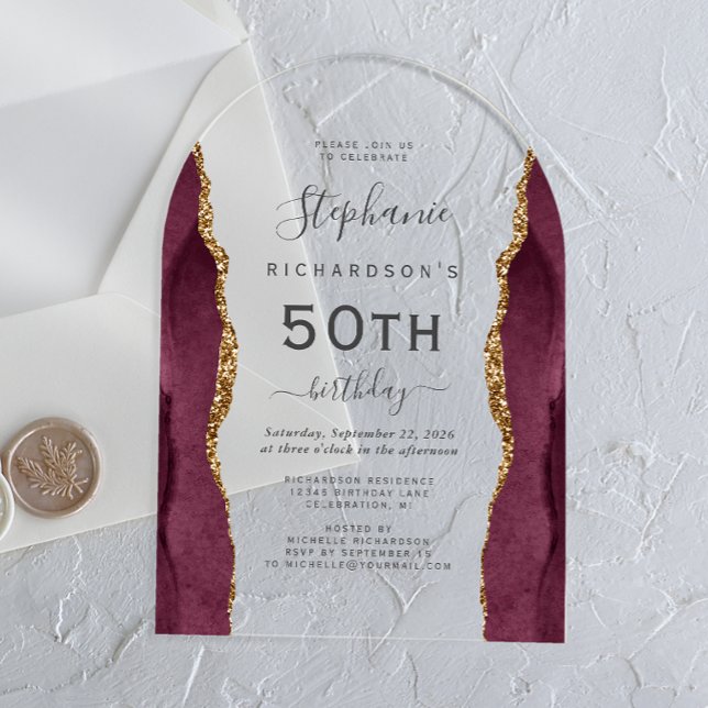 Burgundy Red Gold Agate 50th Birthday Arch Acrylic Invitations (Creator Uploaded)