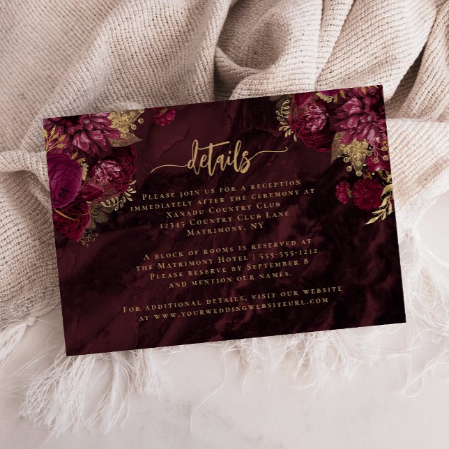 Burgundy Red Gold Agate Floral Wedding Details Enclosure Card (Creator Uploaded)