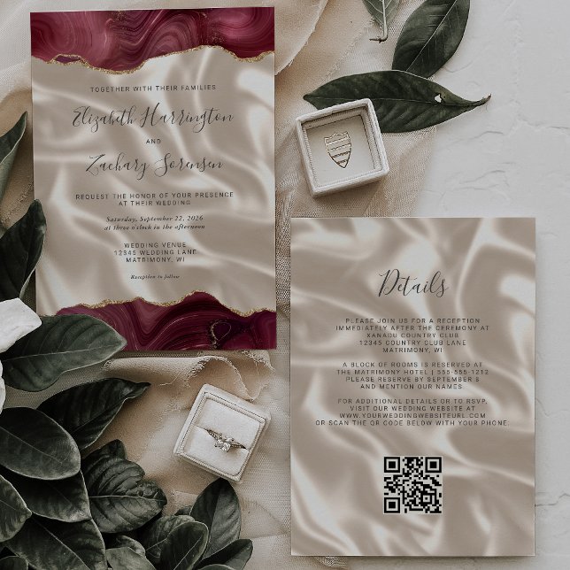 Burgundy Red Gold Agate Ivory Silk QR Code Wedding Invitation (Creator Uploaded)