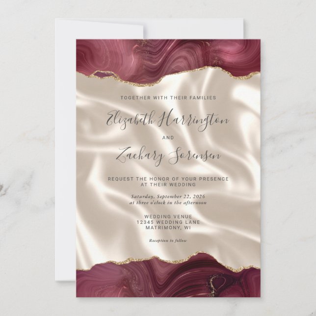 Burgundy Red Gold Agate Ivory Silk QR Code Wedding Invitation (Front)