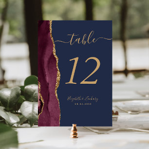 Burgundy Red Gold Agate Navy Blue Wedding Table Number