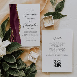 Burgundy Red Gold Agate QR Code Wedding Invitation