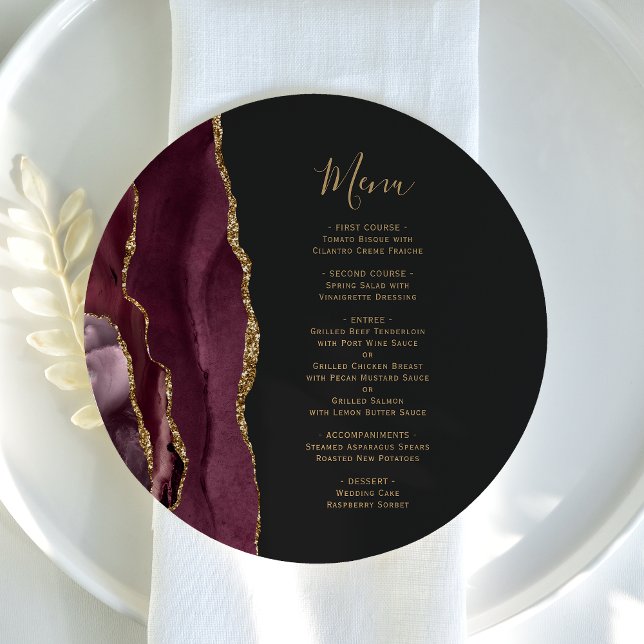 Burgundy Red Gold Agate Round Plate Wedding Menu (Creator Uploaded)