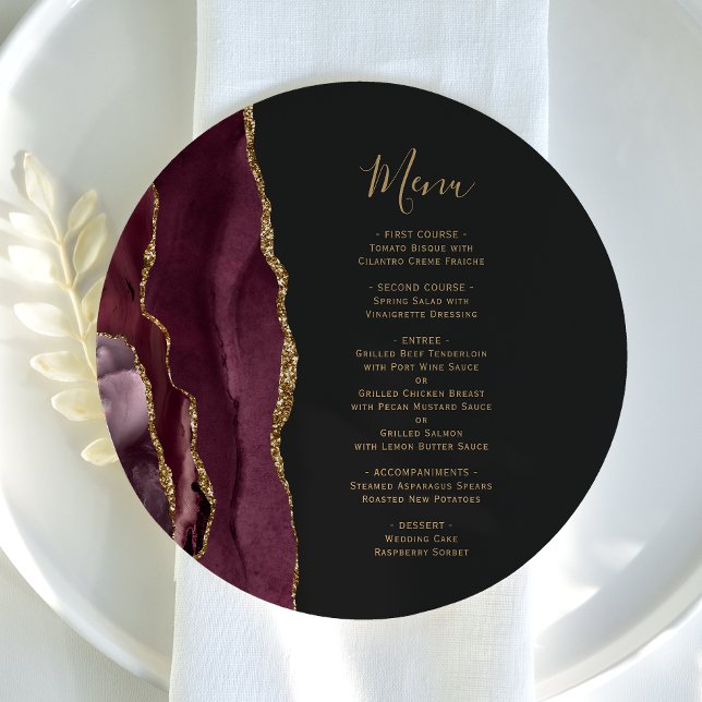 Burgundy Red Gold Agate Round Plate Wedding Menu (Creator Uploaded)