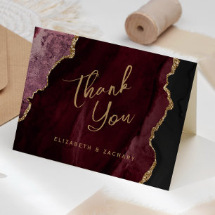 Burgundy Red Gold Agate Script Wedding Thank You Card