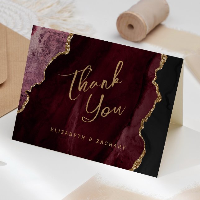 Burgundy Red Gold Agate Script Wedding Thank You Card (Creator Uploaded)
