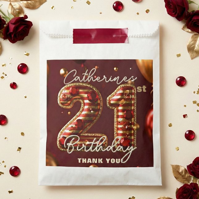 Burgundy Red Gold Balloons Gemstones 21st Birthday Favour Bag (Creator Uploaded)