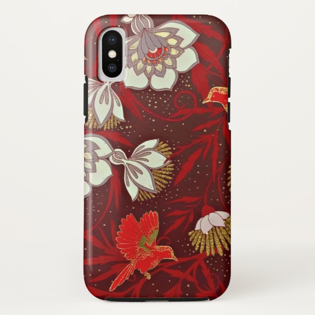 Burgundy Red Gold Bird Flowers Glitter Case-Mate iPhone Case (Back)
