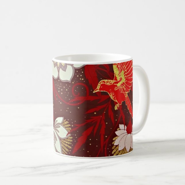 Burgundy Red Gold Bird Flowers Glitter Coffee Mug (Front Right)