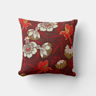 Burgundy Red Gold Bird Flowers Glitter Cushion