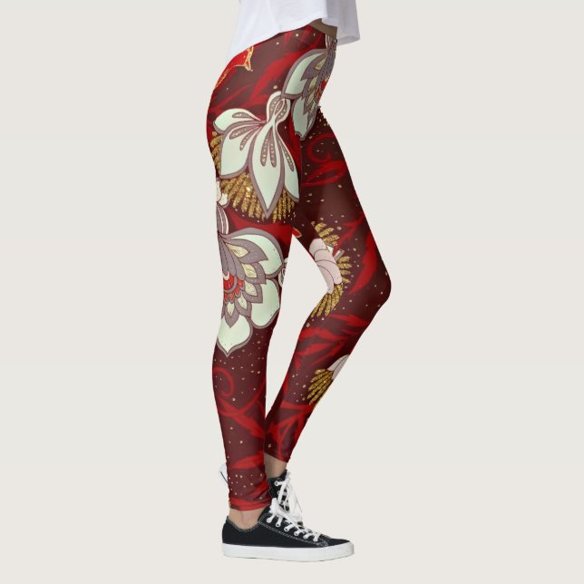Burgundy Red Gold Bird Flowers Glitter Leggings (Right)