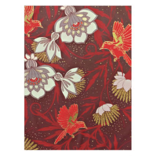 Burgundy Red Gold Bird Flowers Glitter Tablecloth