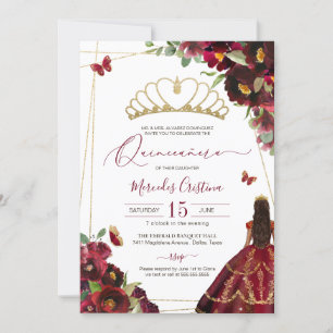 Burgundy Red Gold Butterflies Quince Gown Birthday Invitation