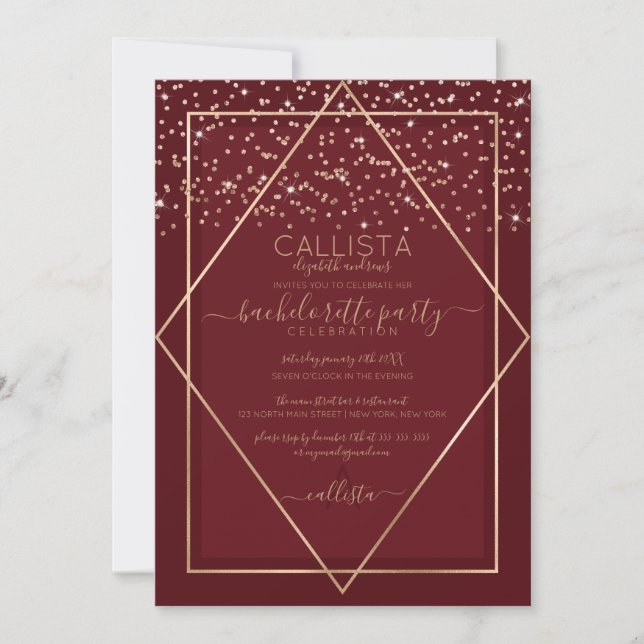 Burgundy Red Gold Confetti Border Bachelorette Invitation (Front)