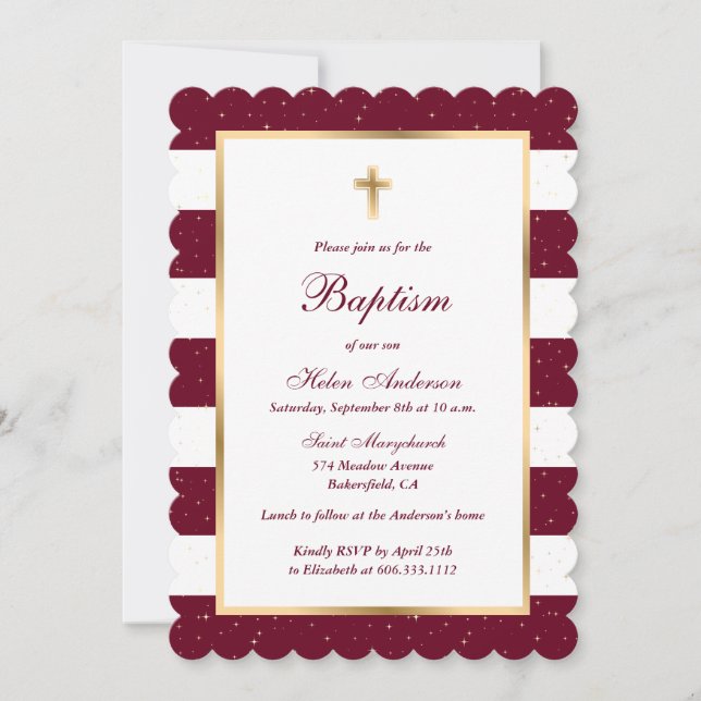 Burgundy Red Gold Cross Striped Girl Baptism Invitation (Front)