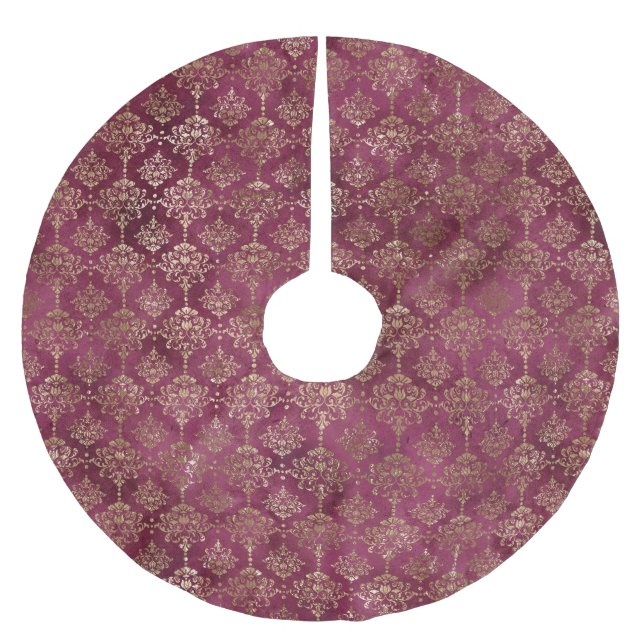 Burgundy Red Gold Damask Brushed Polyester Tree Skirt (Front)