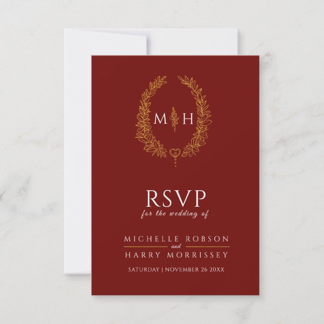 Burgundy red gold drawn leaf monogram RSVP wedding (Front)