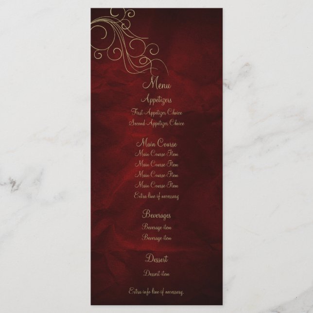 Burgundy Red Gold Elegant Wedding Menu Rack Card (Front)