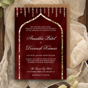 Burgundy Red Gold Ethnic Indian Arch Wedding Invit Invitation