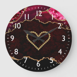 Burgundy Red & Gold Faux Glitter Agate & Heart Large Clock