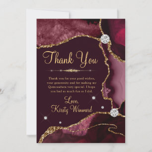 Burgundy Red & Gold Faux Glitter Agate Quinceanera Thank You Card