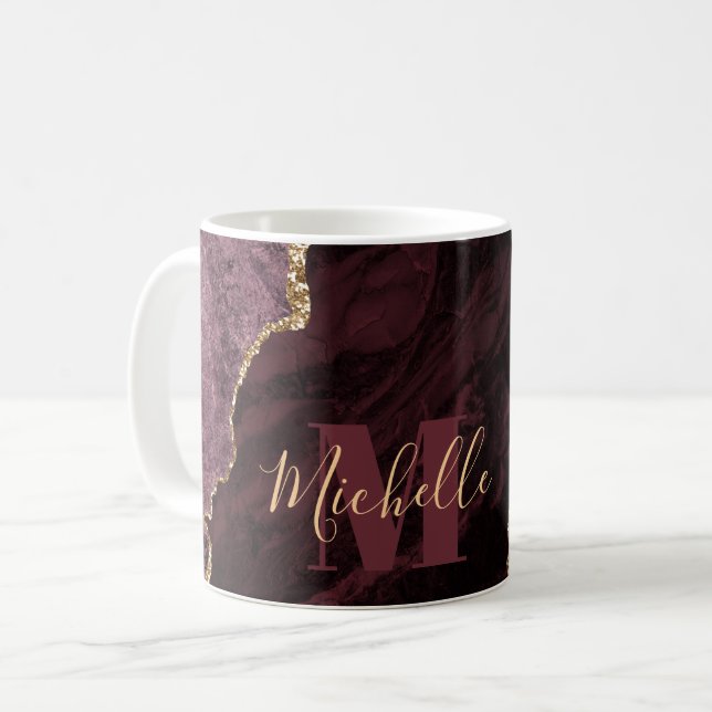 Burgundy Red & Gold Faux Glitter Marble Agate Coffee Mug (Front Left)