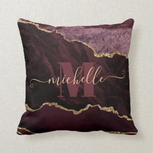 Burgundy Red & Gold Faux Glitter Marble Agate Cushion