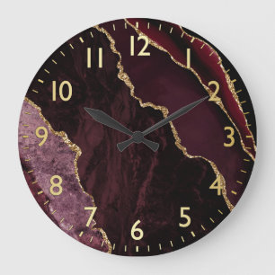 Burgundy Red & Gold Faux Glitter Marble Agate Large Clock