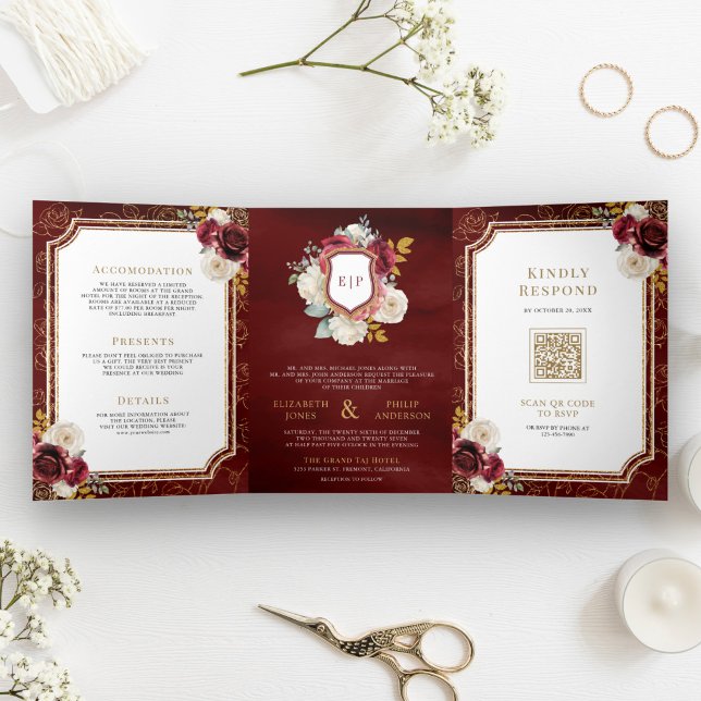 Burgundy Red Gold Floral All in One Crest Wedding Tri-Fold Invitation (Creator Uploaded)