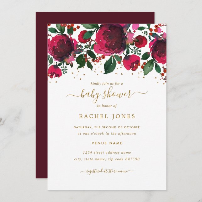 Burgundy Red Gold Floral Baby Shower Invitation (Front/Back)