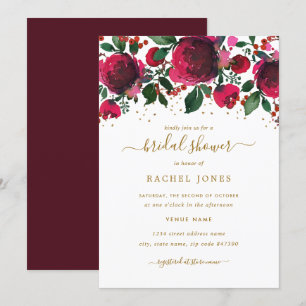 Burgundy Red Gold Floral Bridal Shower Invitation