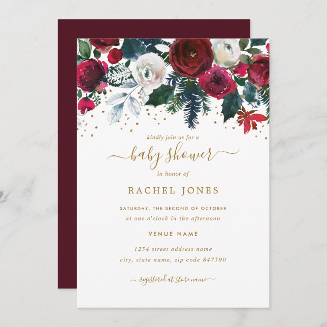 Burgundy Red Gold Floral Christmas Baby Shower Invitation (Front/Back)