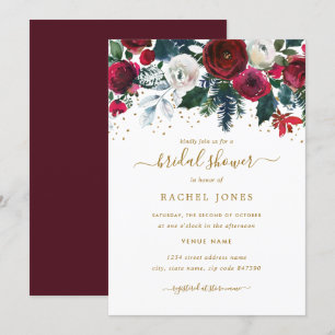 Burgundy Red Gold Floral Christmas Bridal Shower Invitation
