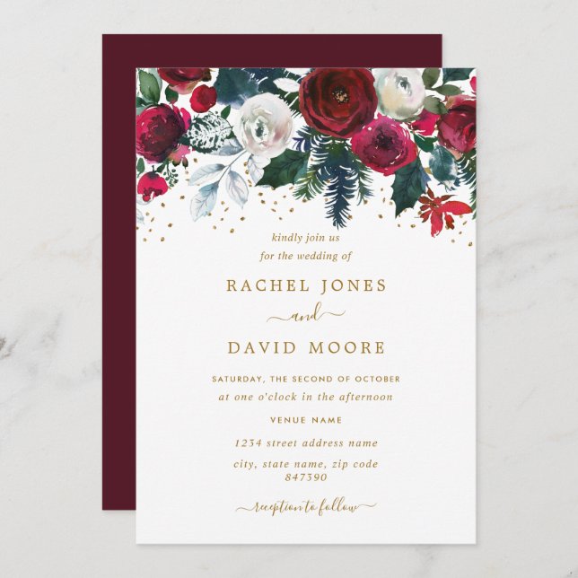 Burgundy Red Gold Floral Christmas Wedding Invitation (Front/Back)