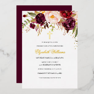 Burgundy Red Gold Floral Cross Girl Baptism 