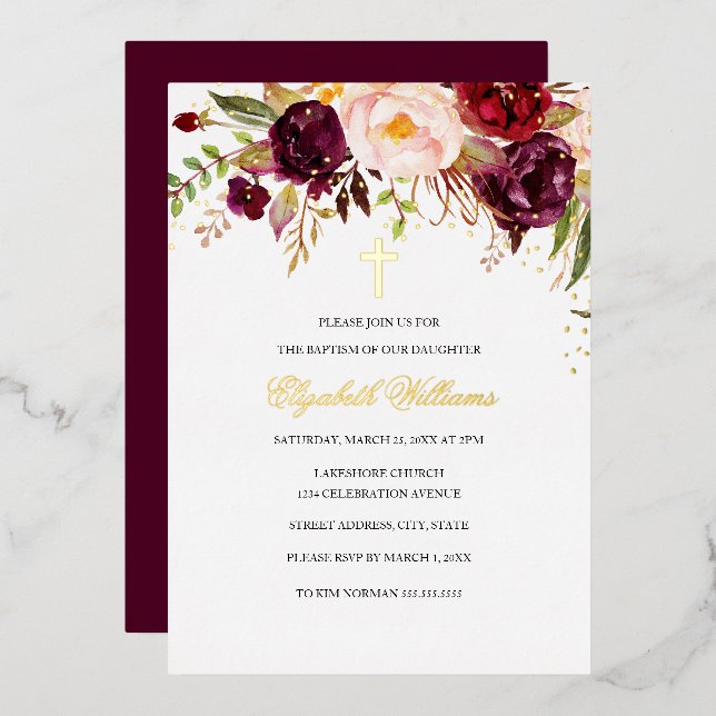 Burgundy Red Gold Floral Cross Girl Baptism  (Front/Back)