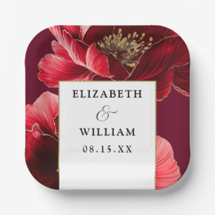 Burgundy Red Gold Floral Elegant Modern Wedding Paper Plate