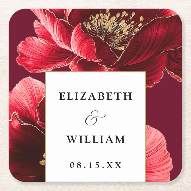 Burgundy Red Gold Floral Elegant Modern Wedding Square Paper Coaster (Front)