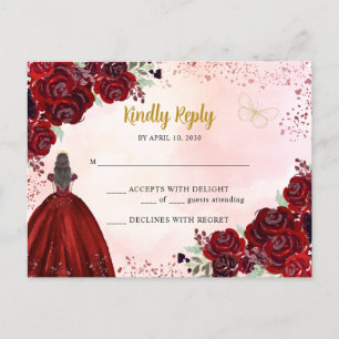 Burgundy Red Gold Floral Princess Quinceañera RSVP Postcard