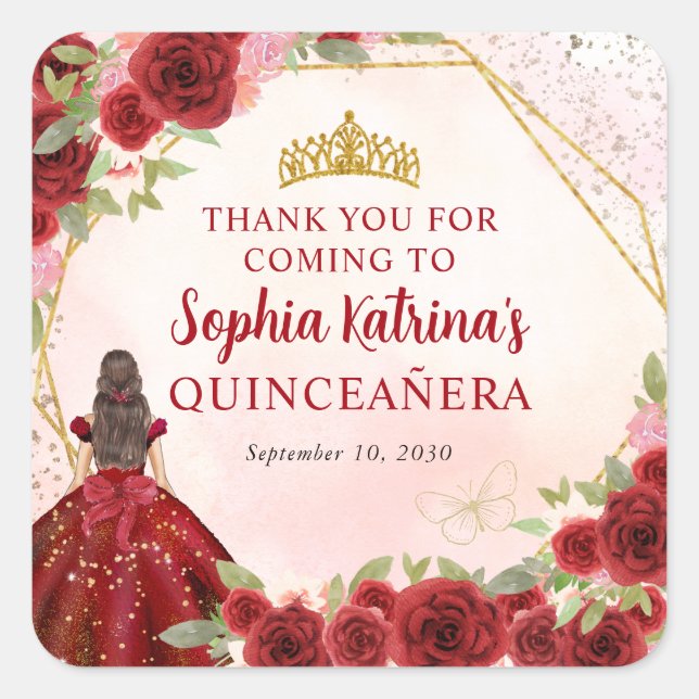 Burgundy Red Gold Floral Princess Tiara Thank You Square Sticker (Front)