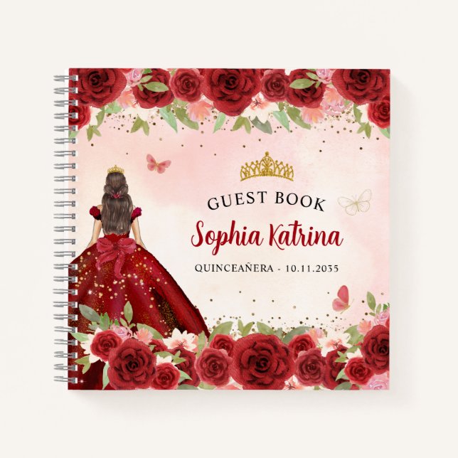 Burgundy Red Gold Floral Quinceañera Guest Book (Front)