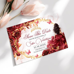 Burgundy Red Gold Floral Quinceanera Save The Date