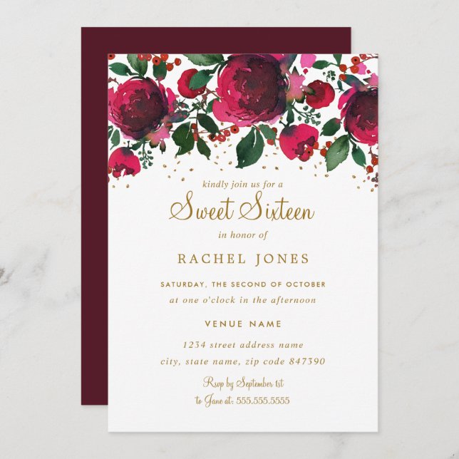 Burgundy Red Gold Floral Sweet Sixteen Birthday Invitation (Front/Back)