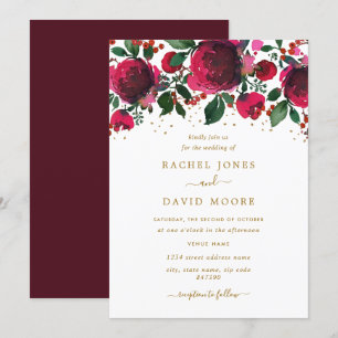 Burgundy Red Gold Floral Wedding Invitation