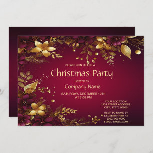 Burgundy Red Gold Flowers Christmas Party Invitation