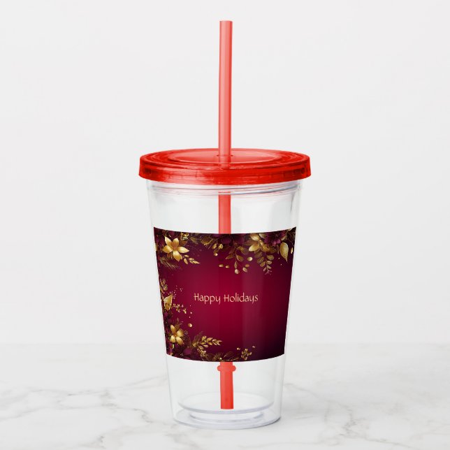 Burgundy Red Gold Flowers Holiday Acrylic Tumbler (Front)