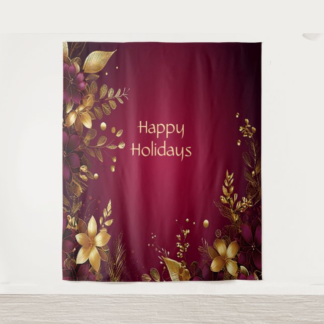 Burgundy Red Gold Flowers Holiday Backdrop Tapestry (Front)