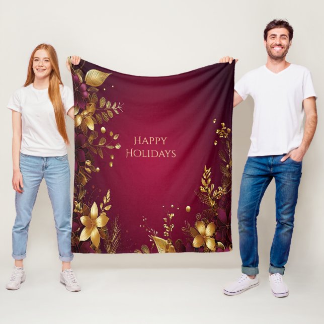 Burgundy Red Gold Flowers Holiday Fleece Blanket (In Situ)