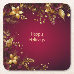 Burgundy Red Gold Flowers Holiday Paper Coaster