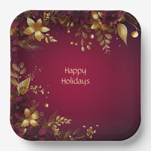 Burgundy Red Gold Flowers Holiday Paper Plate (Front)